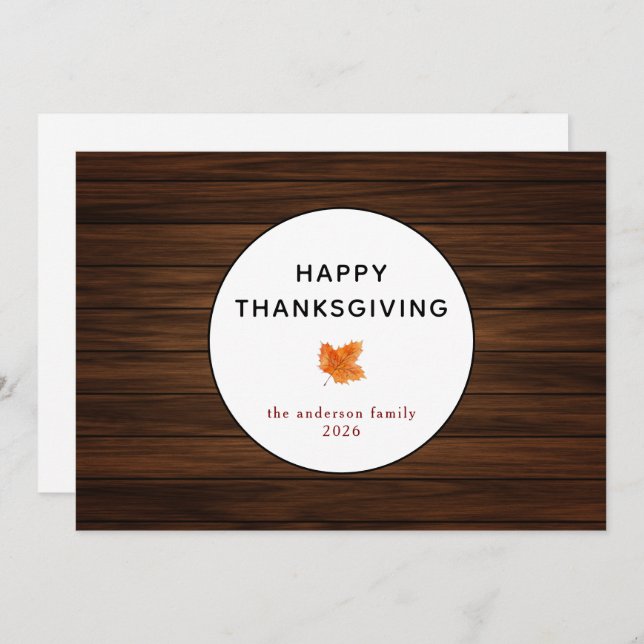 Rustic Wood Autumn Leaf Happy Thanksgiving  Holiday Card (Front/Back)
