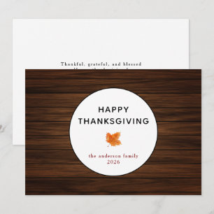 Rustic Wood Autumn Leaf Happy Thanksgiving Holiday Card