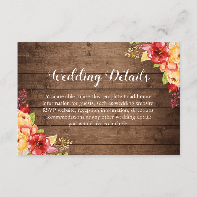 Rustic Wood Autumn Leaves Floral Wedding Details Enclosure Card (Front)