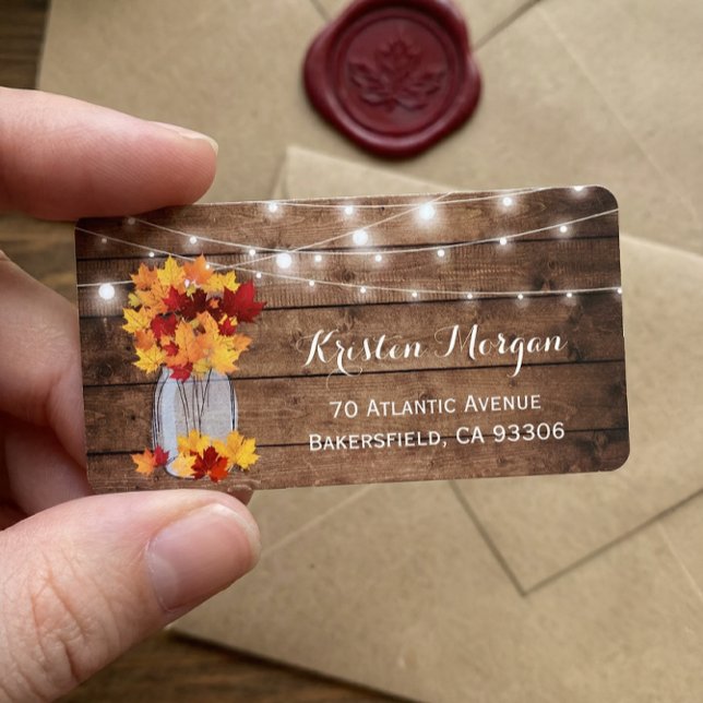 Rustic Wood Autumn Leaves Mason Jar Lights Wedding Label (Creator Uploaded)