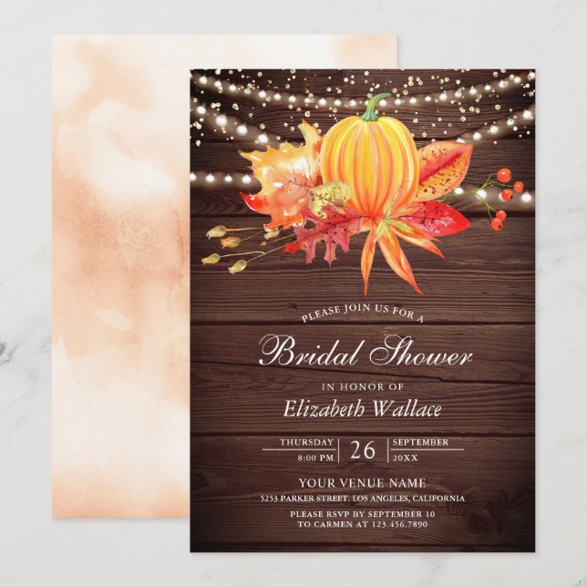 Rustic Wood Autumn Leaves Pumpkin Bridal Shower Invitation (Front/Back)
