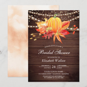 Rustic Wood Autumn Leaves Pumpkin Bridal Shower Invitation
