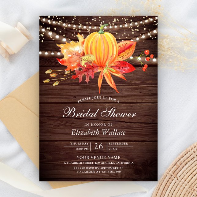 Rustic Wood Autumn Leaves Pumpkin Bridal Shower Invitation (Creator Uploaded)