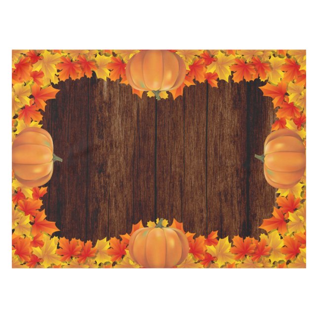 Rustic Wood Autumn Leaves Pumpkins Tablecloth (Front (Horizontal))