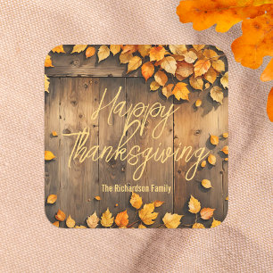 Rustic Wood Autumn Leaves Thanksgiving Favour Square Sticker