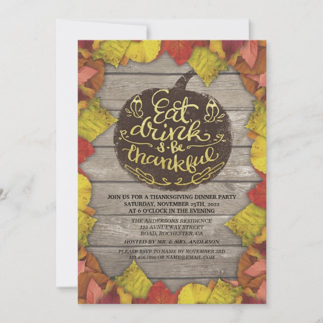 Rustic Wood Autumn Maple Thanksgiving Dinner Party Invitation (Front)