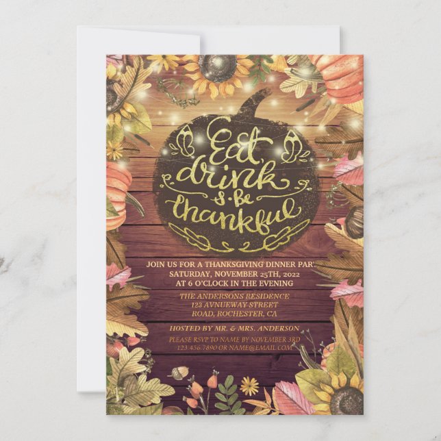 Rustic Wood Autumn Maple Thanksgiving Dinner Party Invitation (Front)