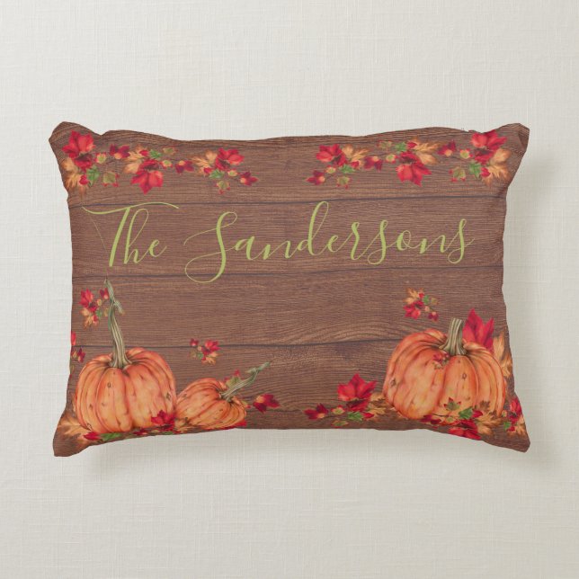 Rustic Wood Autumn Orange Pumpkins Fall Leaves  Ac Decorative Cushion (Front)