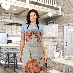 Rustic Wood Autumn Orange Pumpkins Fall Leaves Apron