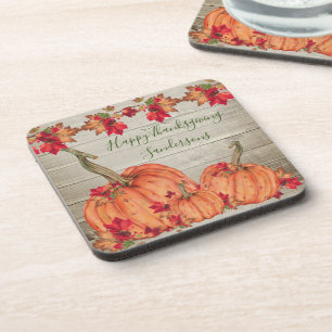 Rustic Wood Autumn Orange Pumpkins Fall Leaves  Be Coaster