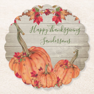 Rustic Wood Autumn Orange Pumpkins Fall Leaves  Be Paper Coaster