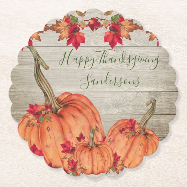 Rustic Wood Autumn Orange Pumpkins Fall Leaves  Be Paper Coaster (Front)