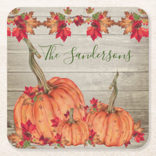 Rustic Wood Autumn Orange Pumpkins Fall Leaves  Be Square Paper Coaster