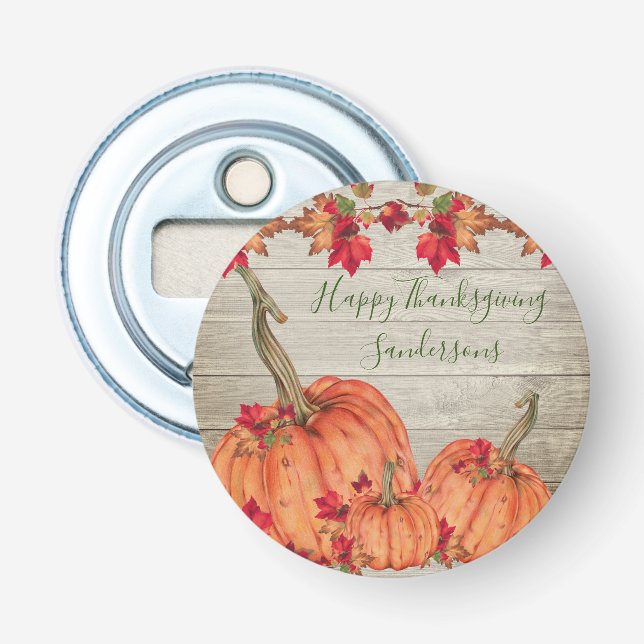 Rustic Wood Autumn Orange Pumpkins Fall Leaves   Bottle Opener (Front)