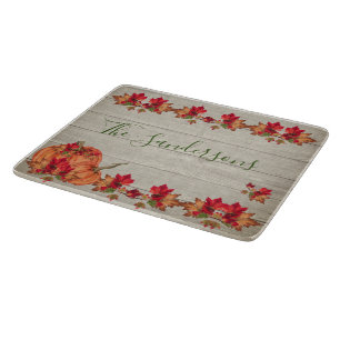 Rustic Wood Autumn Orange Pumpkins Fall Leaves Cut Cutting Board