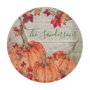 Rustic Wood Autumn Orange Pumpkins Fall Leaves   Cutting Board