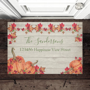 Rustic Wood Autumn Orange Pumpkins Fall Leaves Doormat