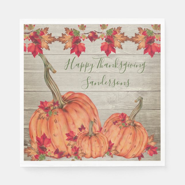 Rustic Wood Autumn Orange Pumpkins Fall Leaves   N Napkin (Front)