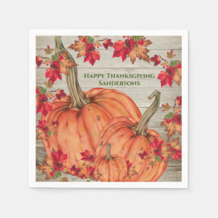 Rustic Wood Autumn Orange Pumpkins Fall Leaves  Pa Napkin