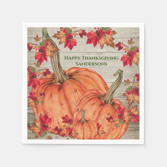 Rustic Wood Autumn Orange Pumpkins Fall Leaves  Pa Napkin (Front)