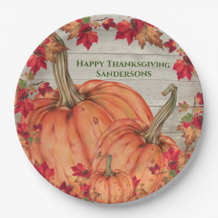 Rustic Wood Autumn Orange Pumpkins Fall Leaves  Paper Plate