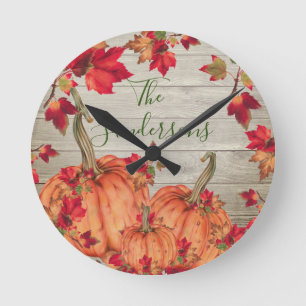 Rustic Wood Autumn Orange Pumpkins Fall Leaves Round Clock
