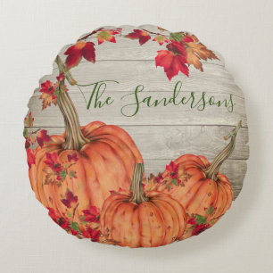 Rustic Wood Autumn Orange Pumpkins Fall Leaves    Round Cushion