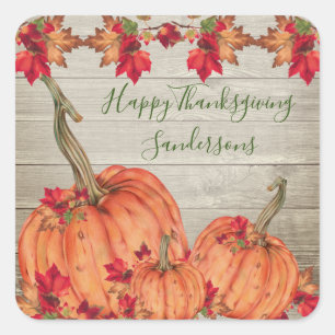 Rustic Wood Autumn Orange Pumpkins Fall Leaves  Square Sticker