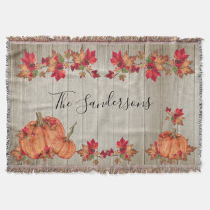 Rustic Wood Autumn Orange Pumpkins Fall Leaves Thr Throw Blanket