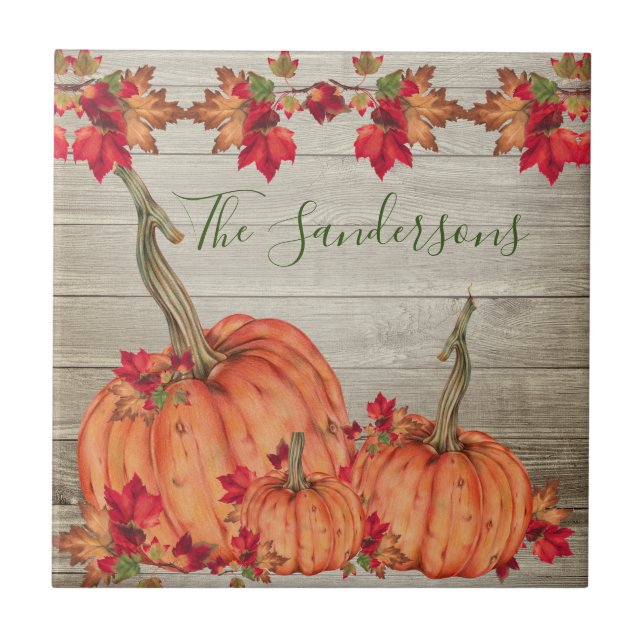 Rustic Wood Autumn Orange Pumpkins Fall Leaves   Tile (Front)
