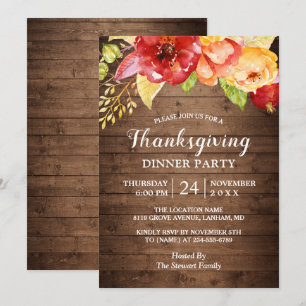 Rustic Wood Autumn Red Floral Thanksgiving Dinner Invitation