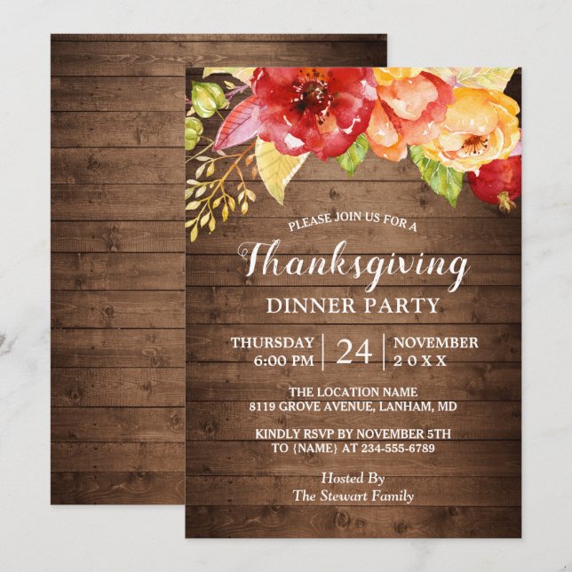 Rustic Wood Autumn Red Floral Thanksgiving Dinner Invitation (Front/Back)