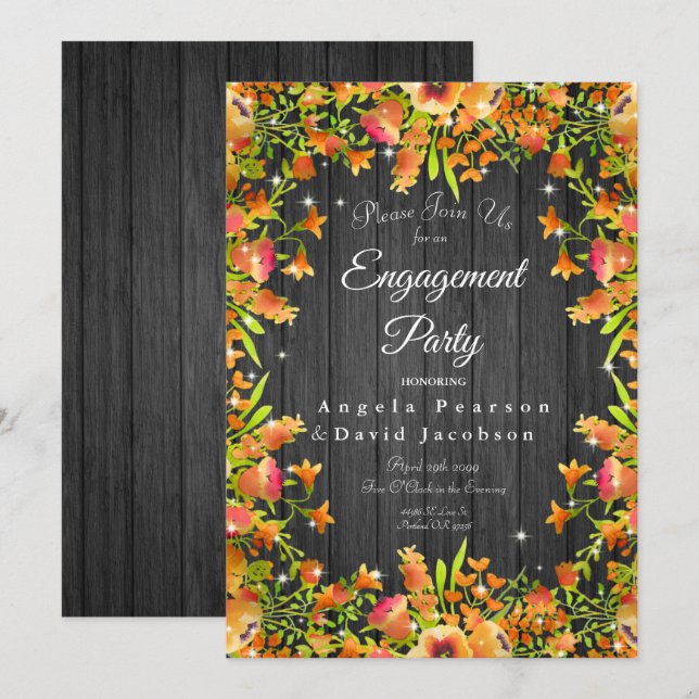 Rustic Wood Autumn Watercolor Flowers Sparkles  Invitation (Front/Back)
