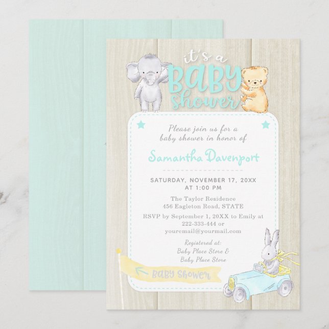 Rustic Wood Baby Animals Shower Invitation | Mint (Front/Back)