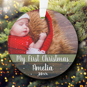 Rustic Wood Baby My First Christmas Photo Ornament