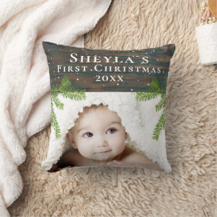 Rustic Wood Baby`s First Christmas Photo Cushion