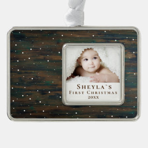 Rustic Wood Baby`s First Christmas Photo Silver Plated Framed Ornament