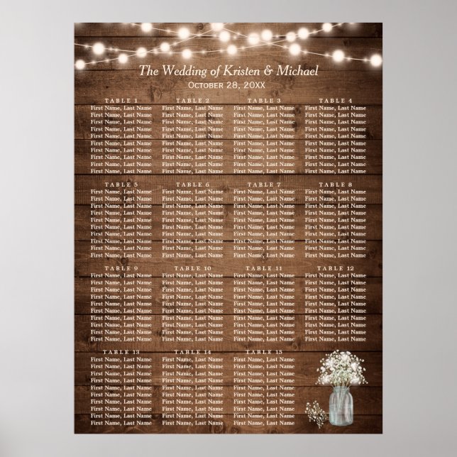 Rustic Wood Baby's Breath 15 Tables Seating Chart (Front)