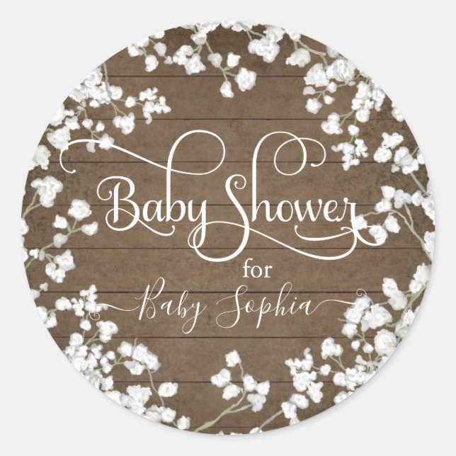 Rustic Wood Babys Breath Boho Floral Baby Shower Classic Round Sticker (Front)