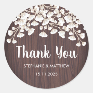 Rustic Wood Babys Breath Floral Thank You Wedding Classic Round Sticker