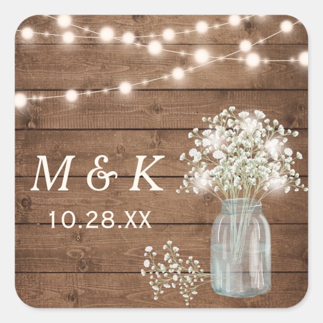 Rustic Wood Baby's Breath Floral Wedding Monogram Square Sticker (Front)