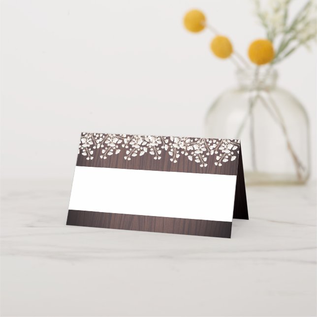 Rustic Wood Babys Breath Floral Wedding Place Card (Front)