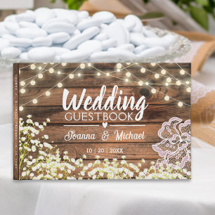 Rustic wood Baby's Breath Lights & Lace Wedding Guest Book