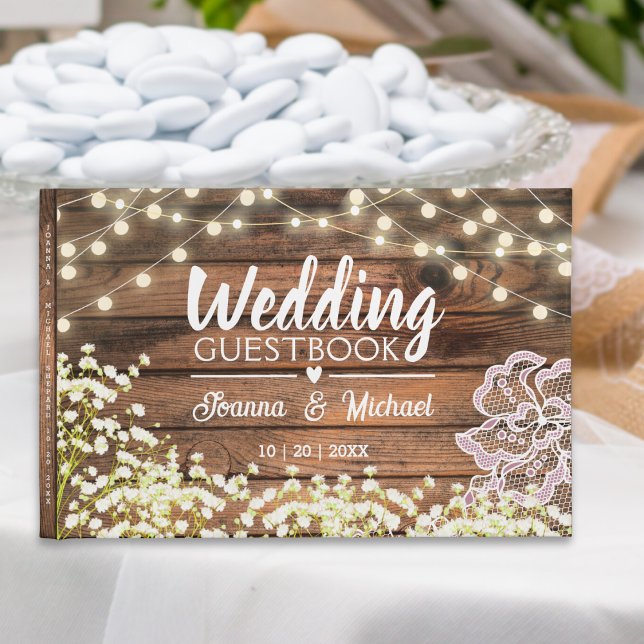 Rustic wood Baby's Breath Lights & Lace Wedding Guest Book (Creator Uploaded)