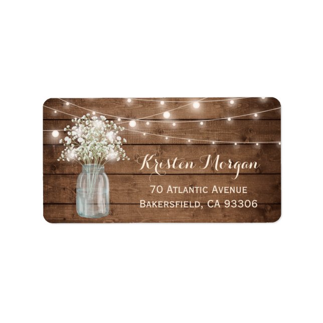 Rustic Wood Baby's Breath Mason Jar Lights Wedding Label (Front)