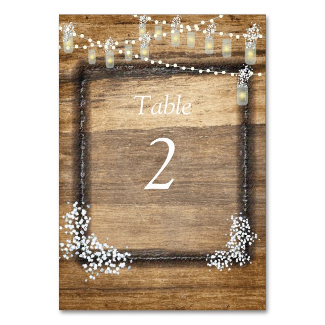 Rustic Wood, Baby's Breath, Mason Jars, Custom Table Number (Front)