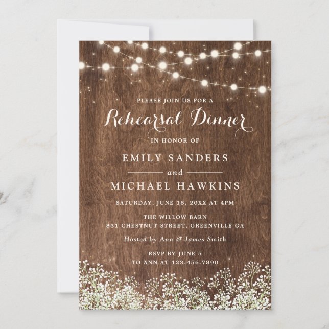 Rustic Wood Baby's Breath String Lights Rehearsal Invitation (Front)