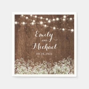 Rustic Wood Baby's Breath String Lights Wedding Napkin