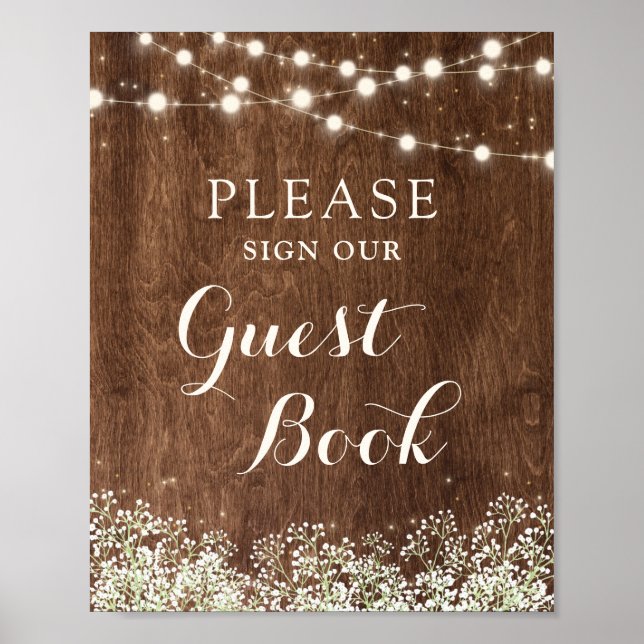 Rustic Wood Baby's Breath Wedding Guest Book Sign (Front)