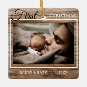 Rustic Wood Baby's First Christmas Photo Ceramic Ornament